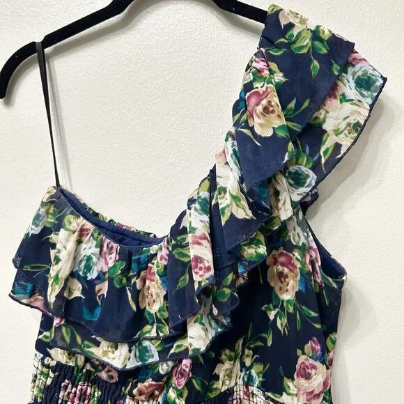 Torrid Dress Women's 1 1X Blue Knee Length One Shoulder Floral Beach Cottagecore - Picture 3 of 13